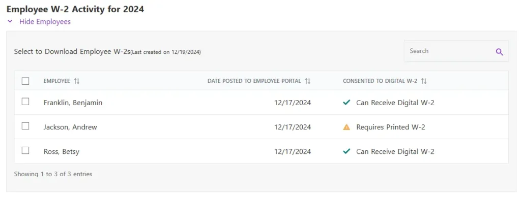 Employee W-2 activity in Patriot Software.
