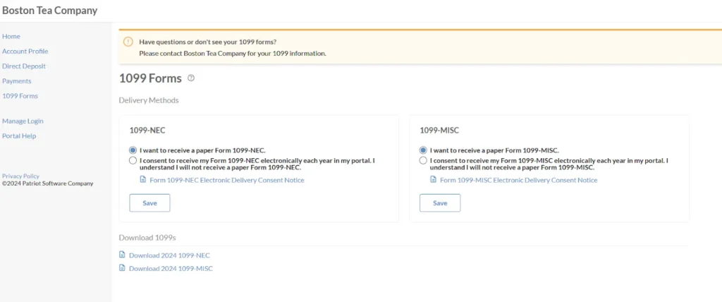 Contractor consent for both 1099-NEC and 1099-MISC in Patriot Software.