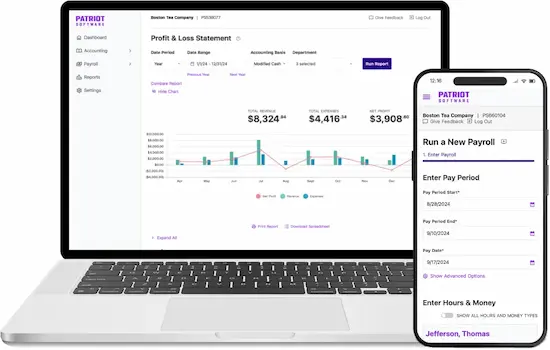 Screenshots of Patriot's accounting and payroll software on devices