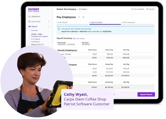 Screenshots of Patriot's payroll software on tablet with Patriot customer Cathy Wyatt