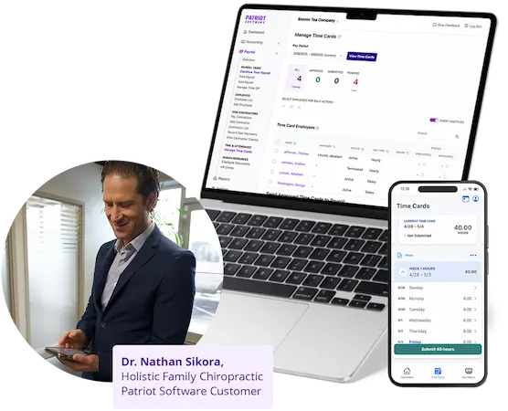 Patriot's Time and Attendance Software screens on devices