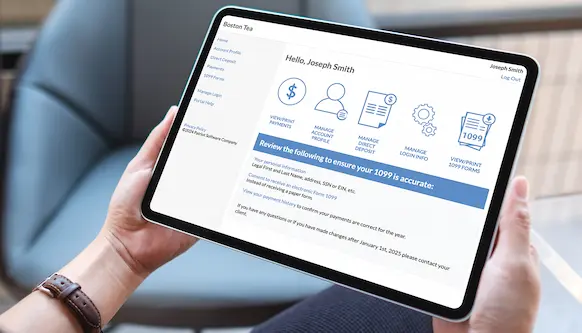 Person using Patriot Accounting contractor portal on tablet.