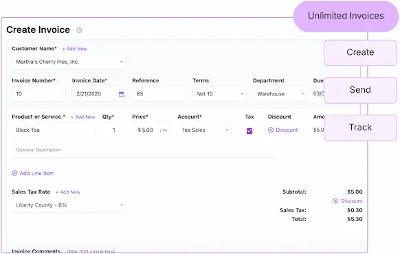 Create invoice screenshot in Patriot Accounting. Create, send, and track unlimited invoices.