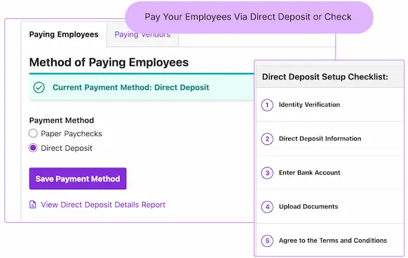 Screenshot from Patriot payroll software showing pay employee methods and direct deposit setup checklist.