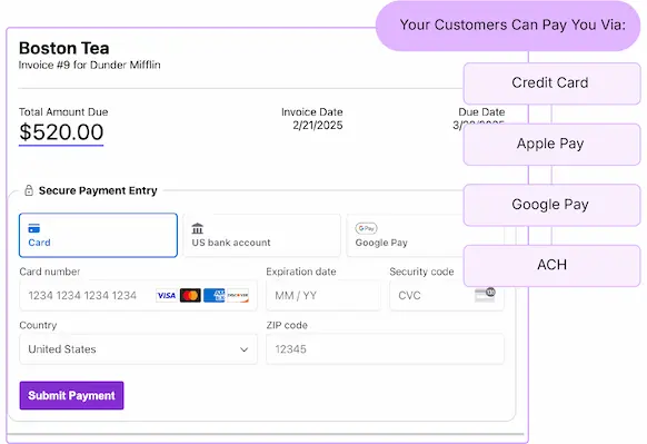 Invoice payment screenshot. Your customers can pay you via: credit card, Apple Pay, Google Pay, or ACH.