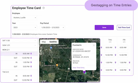 Screenshot of Patriot's Choose Time Card with Geotagging in the Time & Attendance software add-on.