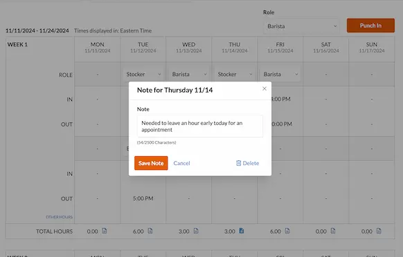 Screenshot of Patriot's Time Card Daily Notes in the Time & Attendance software add-on.