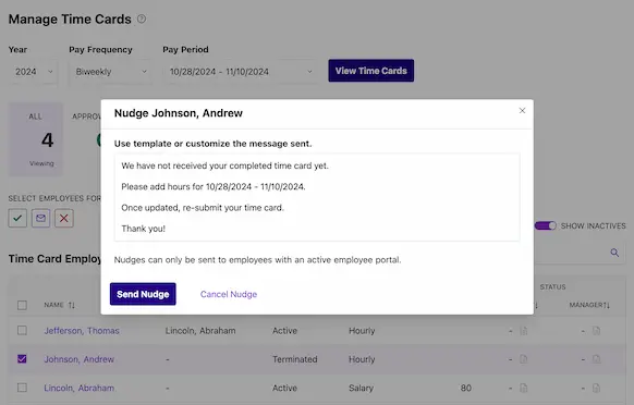 Patriot's Manage Time Cards tool, emphasizing the ability to nudge employees, in the Time & Attendance software add-on.