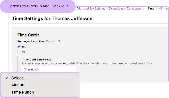 Screenshot of Patriot's Choose Time Entry Type in the Time & Attendance software add-on.