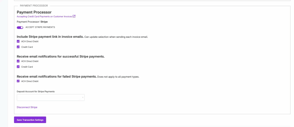 Example of payment processor settings in Patriot's accounting software.