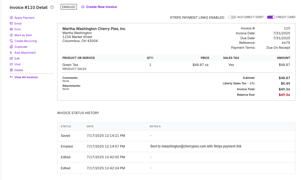 Example of an invoice sent with a payment link through Patriot Accounting Software.