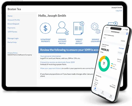Employee Contractor Portal shown on an tablet and the mobile app shown on a phone
