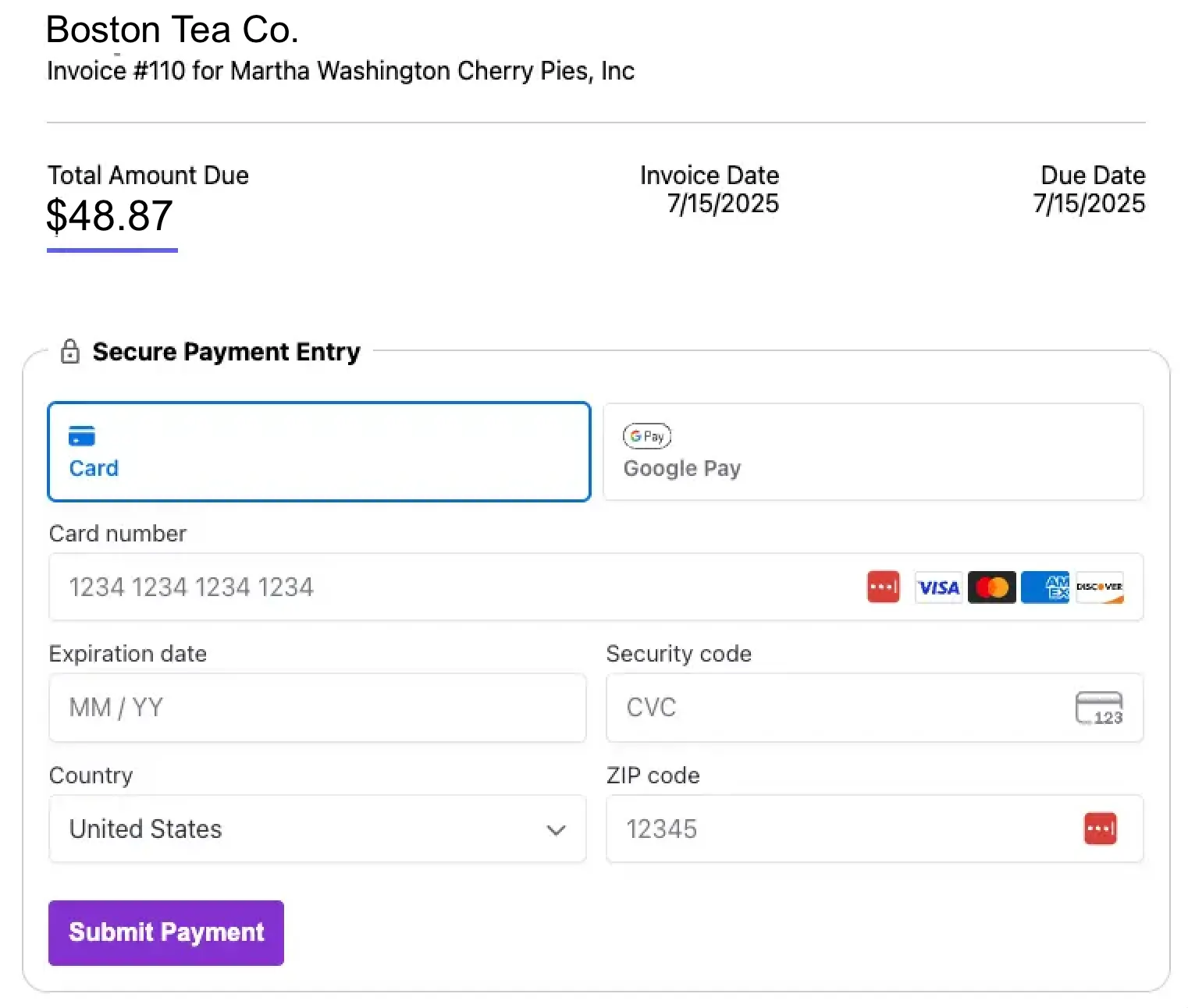 Example of credit card payment link through Patriot's accounting software.