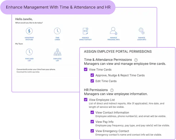 Managers can view and manage their direct reports in their employee self-service portal, depending on the permissions.