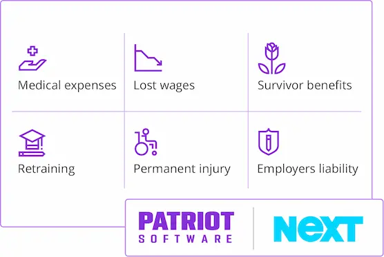 Icons showing workers' comp benefits of: Medical expenses, lost wages, survivor benefits, retraining, permanent injury, employers liability; with Patriot Software and NEXT Insurance logos