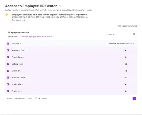 Example for Employee access settings to the HR Center