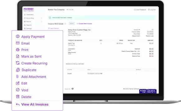 Patriot Accounting's invoice detail screen.