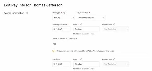 Pay Info screen showing multiple pay rates.