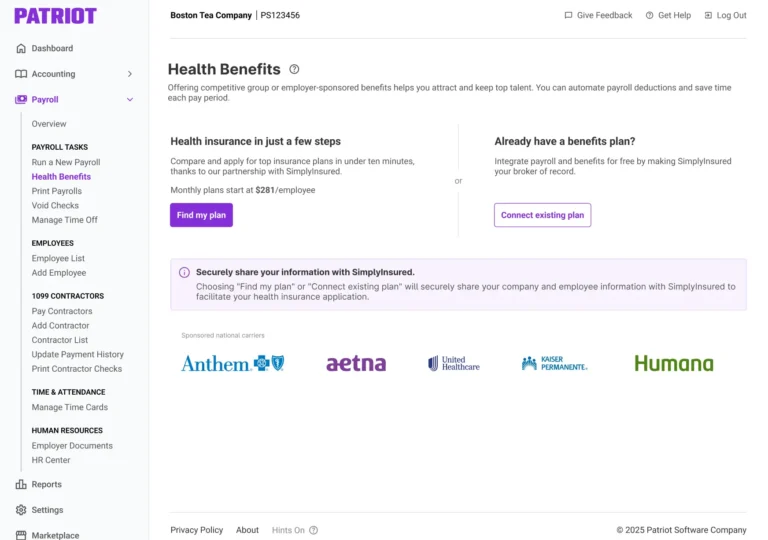 Example of health benefit integration in Patriot Payroll