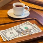 cup of coffee on a table with a cash tip beside it
