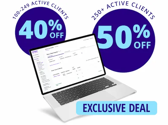 Accountant and Bookkeeper sale image showing Patriot payroll screenshot and up to 50% off