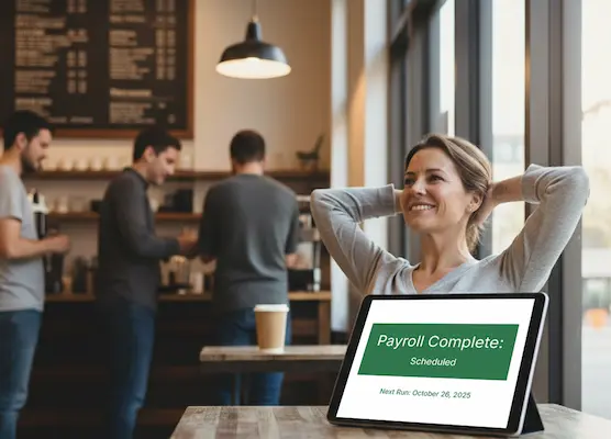 Business owner relaxing because she set up auto pay.