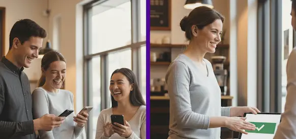 Split image showing happy team on the left and happy owner on the right.