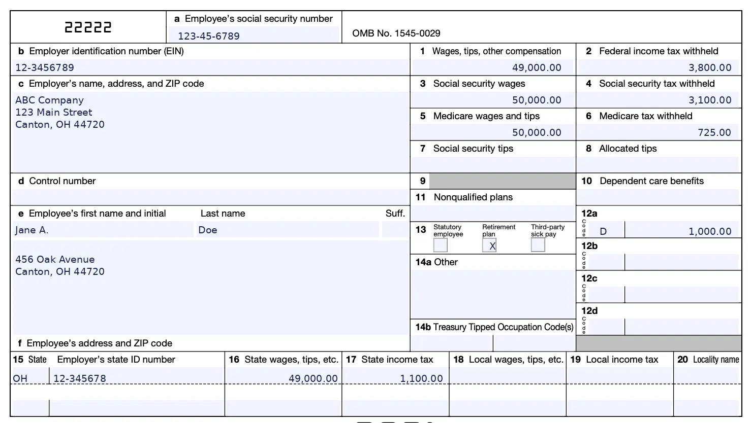 Example of a 2026 W-2 for a sample employee making 50,000 dollars a year with $1000 indicated as a 401k contribution