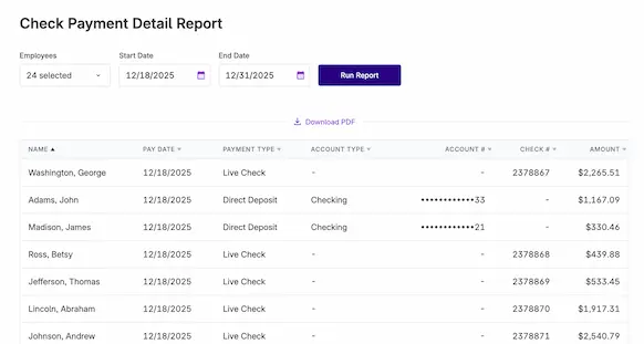 Patriot's Check Payment Detail Report in the payroll software.
