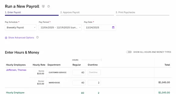 Patriot's Run a New Payroll page in the payroll software.