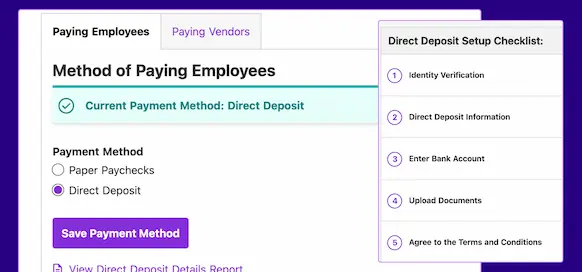 Direct deposit screens in Patriot Software.