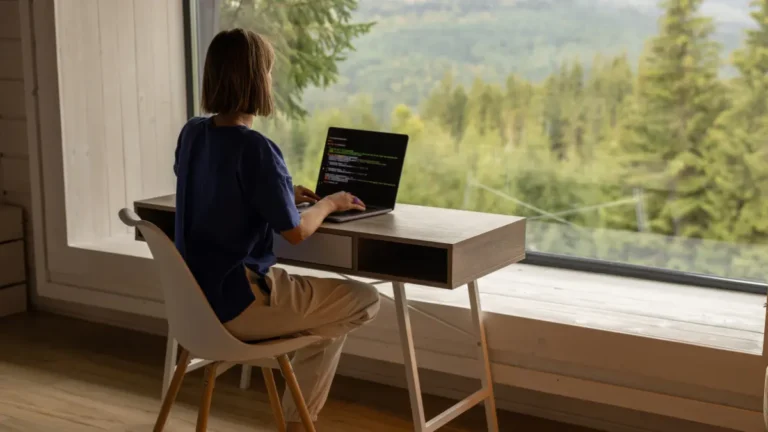 Woman working remote in the mountains.
