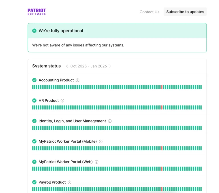 system status page at Patriot Software