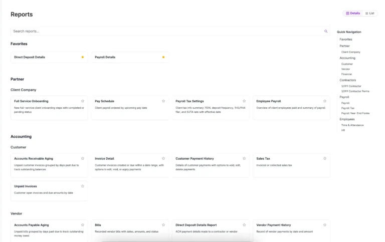 Example of detailed report list with description in Patriot Software