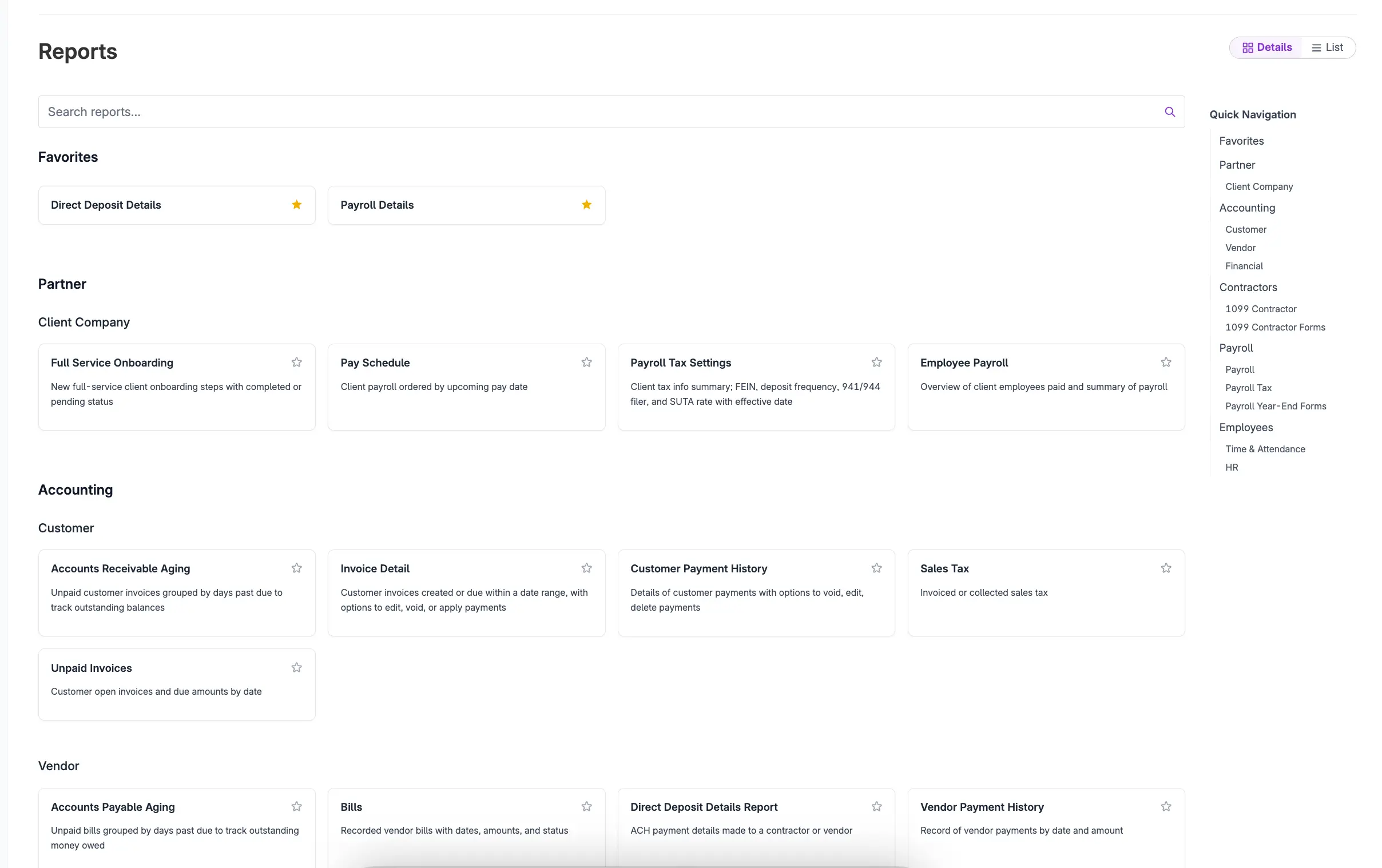 Example of detailed report list with description in Patriot Software