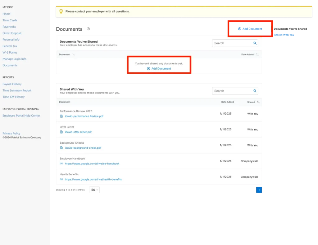 Example with call out on how to Add Document in the My Patriot Employee Portal