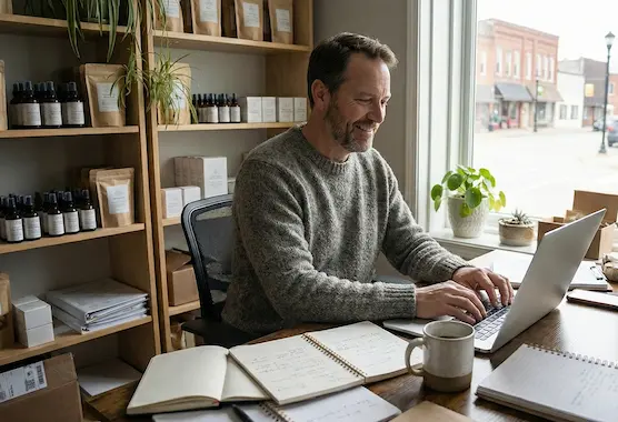 Small business owner using laptop.