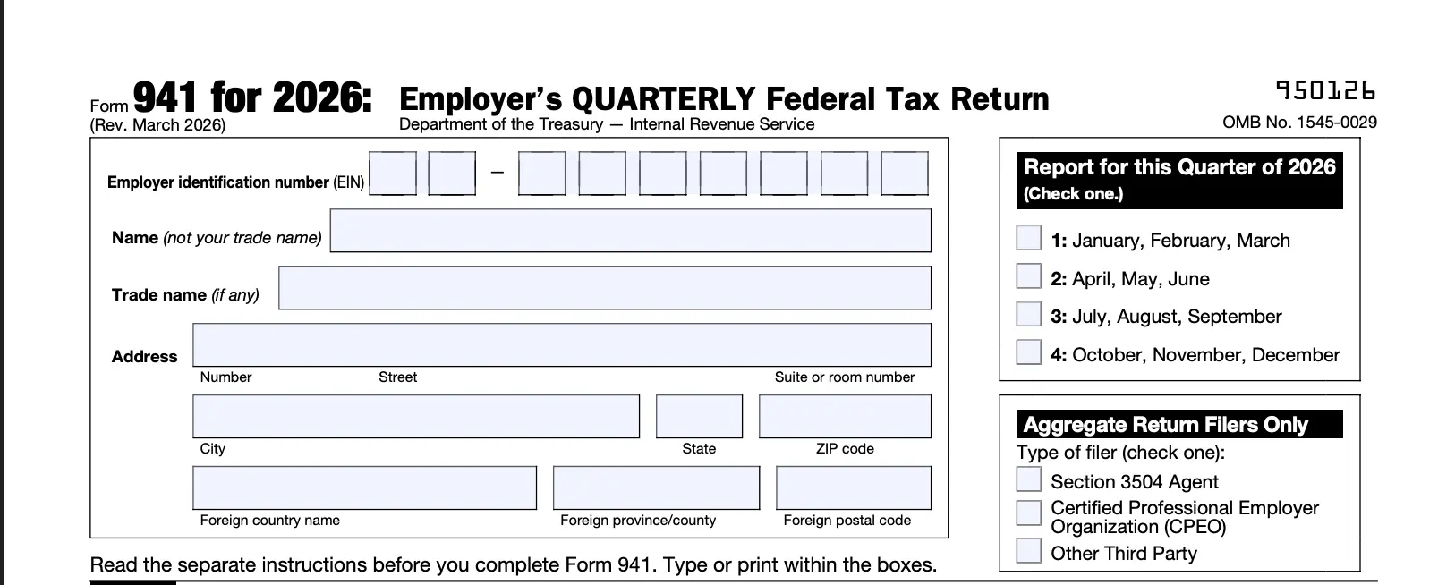 Form 941 for 2026: Employer and quarter information