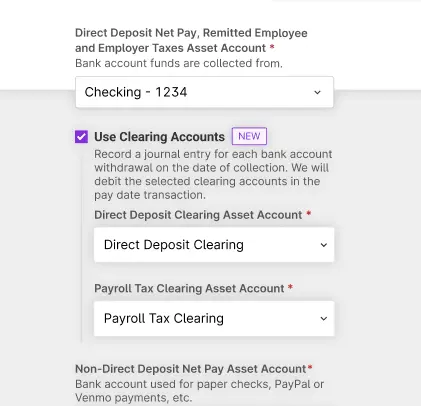 example of selecting clearing accounts in Patriot payroll integration to accounting