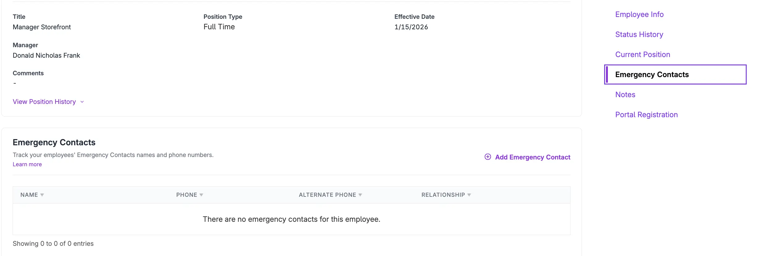 Emergency contact section on the employee record in Patriot Payroll