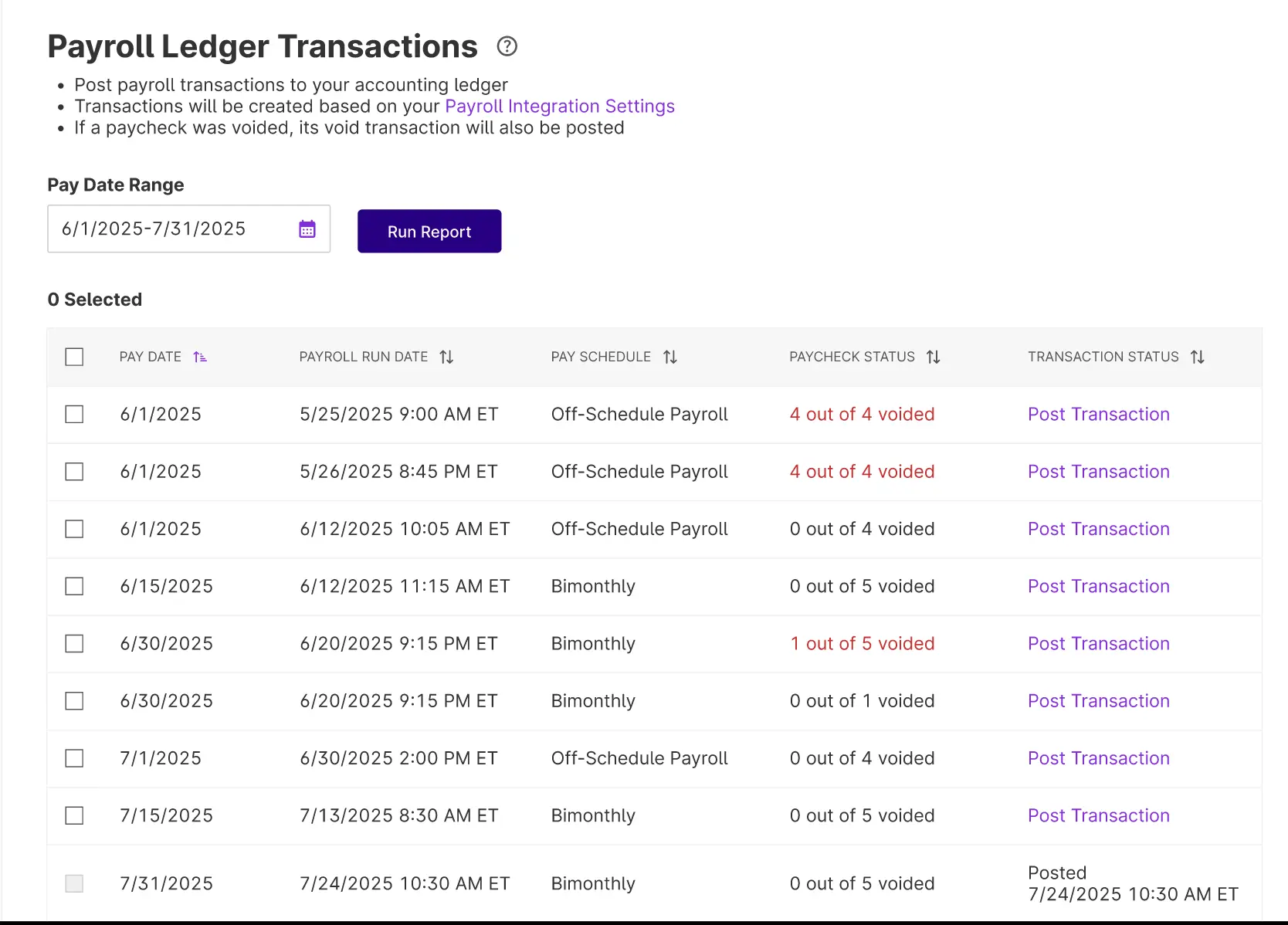 example of payroll ledger transactions integration report in Patriot Accounting Software