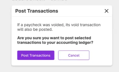 confirmation modal to post payroll transactions to Patriot Accounting