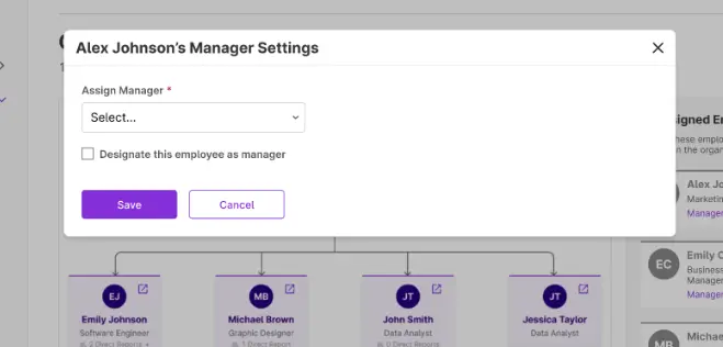 example of a modal in Patriot HR Org Chart to assign or designate employee as a manager