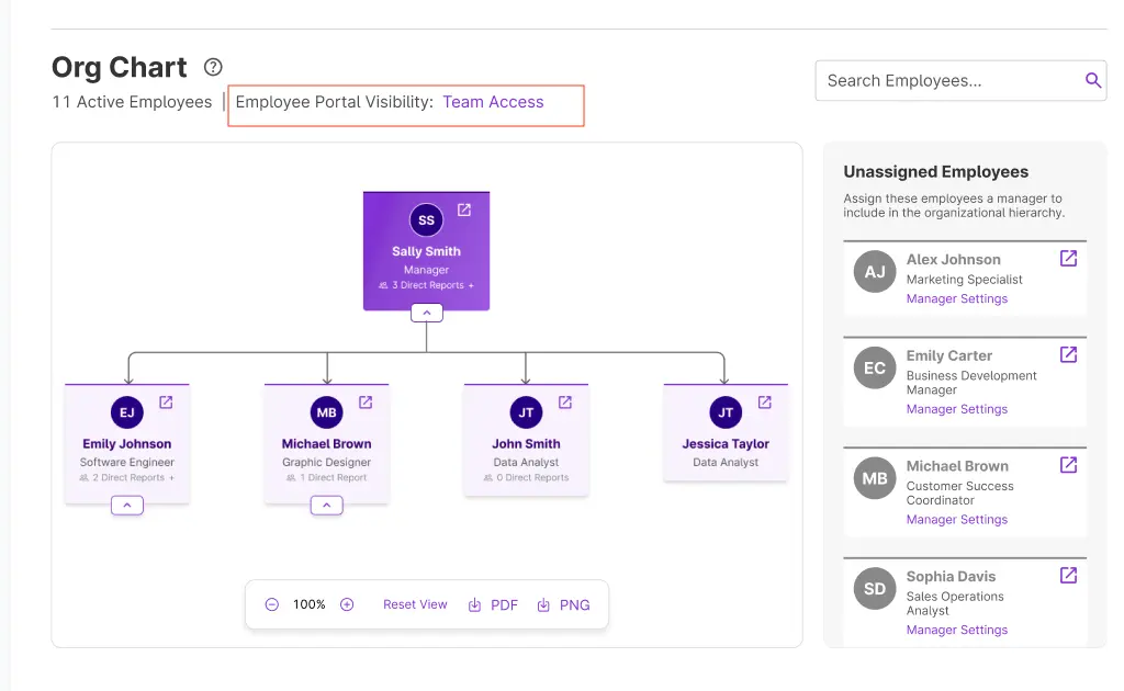 Example of the employee portal visibility setting on the org chart in Patriot