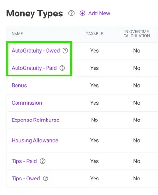 example of two money types in Patriot payroll for auto gratuities paid and owed.