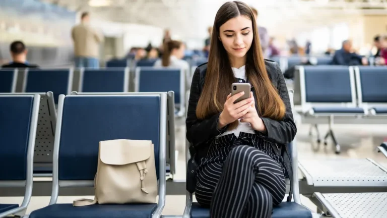 Woman on her phone in the airport, enjoying her paid time off.