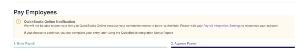 Example of a QBO integration error in Patriot Payroll.