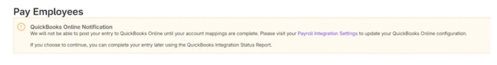 Example of missing configurations in Patriot payroll for Quickbooks integration.