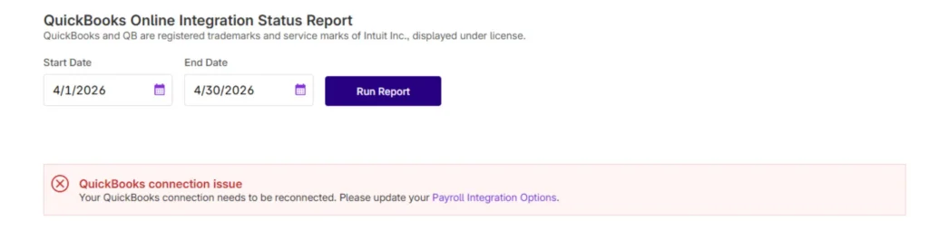 Example of a quickbooks online disconnection error in Patriot