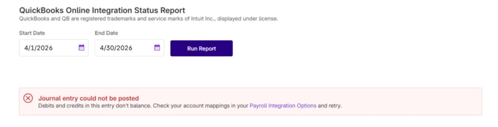Example of integration error when credits and debits don't match in Patriot Payroll for quickbooks integration.
